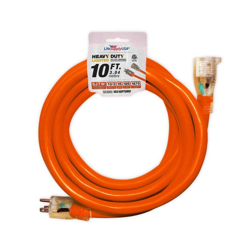 (2-Pack) 10 ft Extension Cord 10/3 SJTW with Lighted end - Orange - Indoor / Outdoor Heavy Duty Extra Durability 15 AMP 125 Volts 1875 Watts ETL-Extension Cords- LifeSupplyUSA