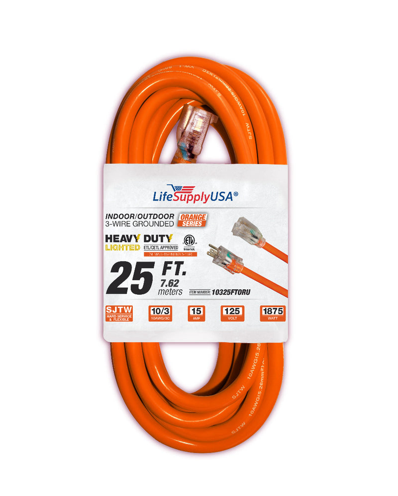 (2-Pack) 25 ft Extension Cord 10/3 SJTW with Lighted end - Orange - Indoor / Outdoor Heavy Duty Extra Durability 15 AMP 125 Volts 1875 Watts ETL-Extension Cords- LifeSupplyUSA