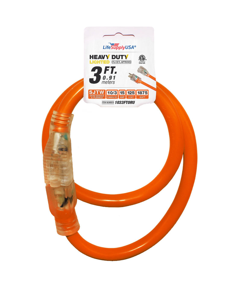 (2-Pack) 3 ft Extension Cord 10/3 SJTW with Lighted end - Orange - Indoor / Outdoor Heavy Duty Extra Durability 15 AMP 125 Volts 1875 Watts ETL-Extension Cords- LifeSupplyUSA