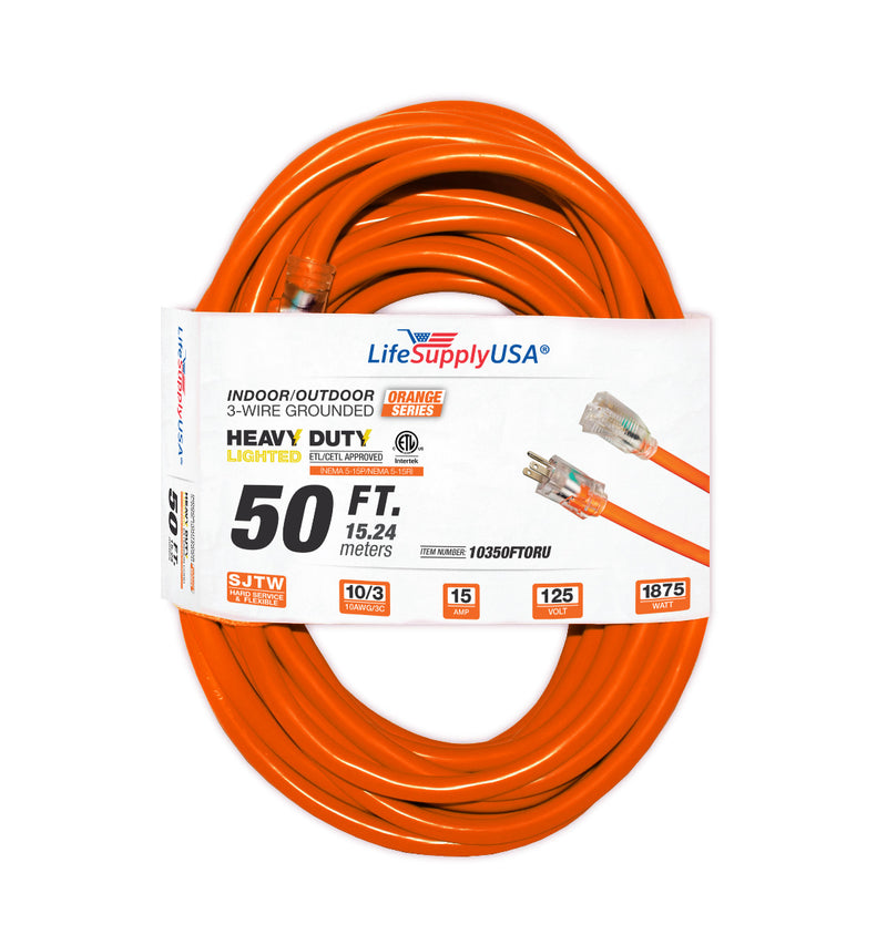 (2-Pack) 50 ft Extension Cord 10/3 SJTW with Lighted end - Orange - Indoor / Outdoor Heavy Duty Extra Durability 15 AMP 125 Volts 1875 Watts ETL-Extension Cords- LifeSupplyUSA