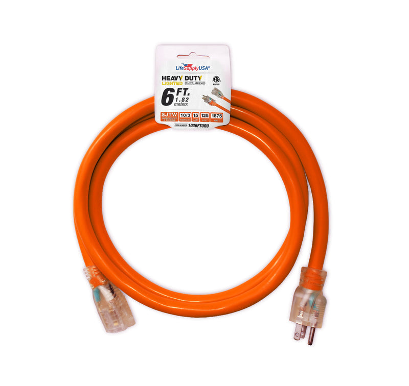 (2-Pack) 6 ft Extension Cord 10/3 SJTW with Lighted end - Orange - Indoor / Outdoor Heavy Duty Extra Durability 15 AMP 125 Volts 1875 Watts ETL-Extension Cords- LifeSupplyUSA