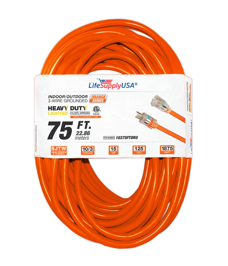 (2-Pack) 75 ft Extension Cord 10/3 SJTW with Lighted end - Orange - Indoor / Outdoor Heavy Duty Extra Durability 15 AMP 125 Volts 1875 Watts ETL-Extension Cords- LifeSupplyUSA