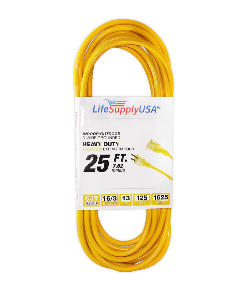 10 Pack - 16/3 25ft SJTW Lighted End Heavy Duty Extension Cord (25 Feet)-Extension Cords- LifeSupplyUSA