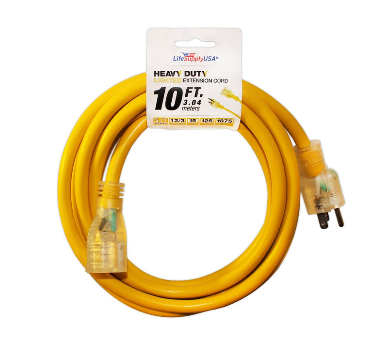 10 Pack - 12/3 10ft SJTW Lighted End Heavy Duty Extension Cord (10 Feet)-Extension Cords- LifeSupplyUSA