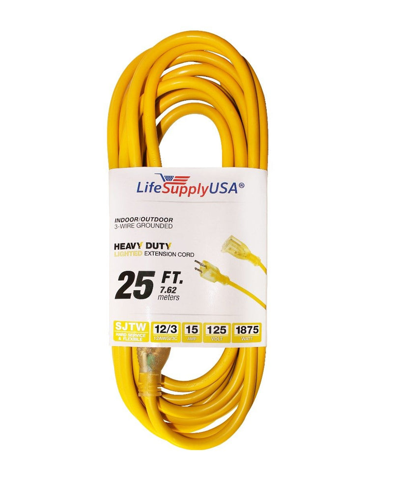12/3 25ft SJTW Lighted End Extension Cord 15 Amp, 125 Volt, 1875 Watt Outdoor-Extension Cords- LifeSupplyUSA