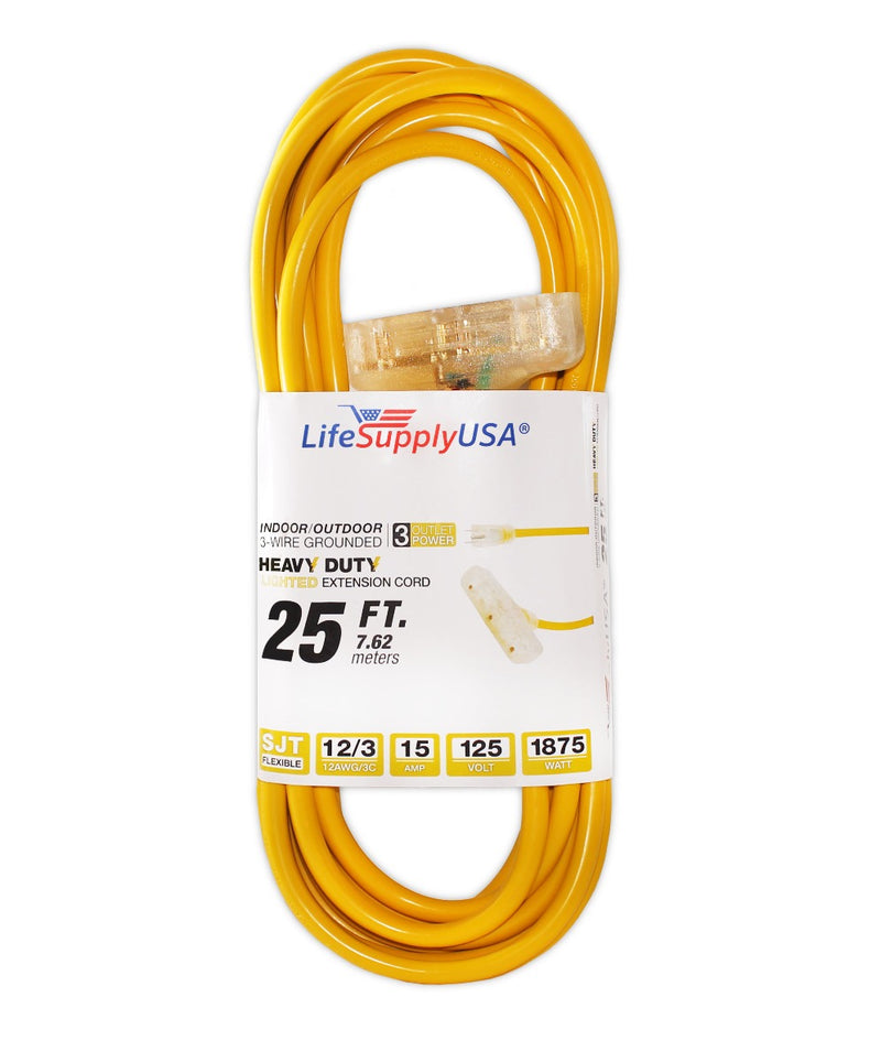 500 case 12/3 25ft Wire Gauge 3 OUTLET Tri-Source SJT Indoor Outdoor Vinyl LIGHTED Electric Extension Cord, 25 Feet-Extension Cords- LifeSupplyUSA