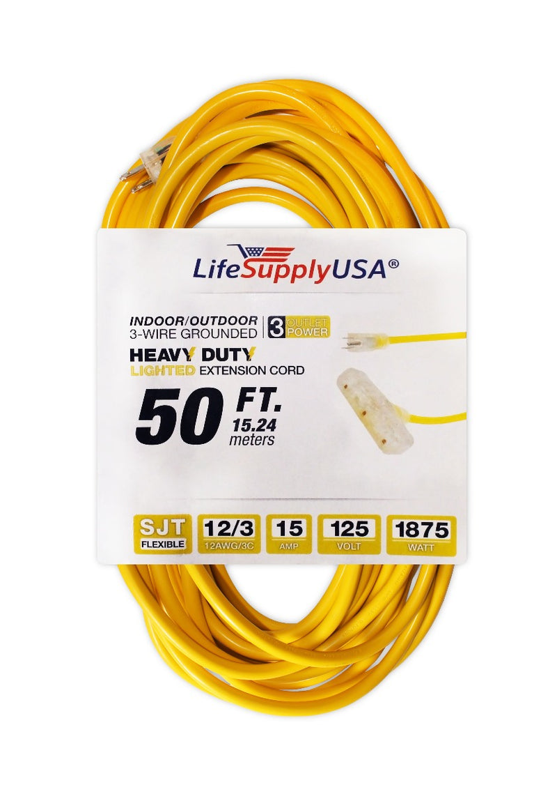 500 case 12/3 50ft Wire Gauge 3 OUTLET Tri-Source SJT Indoor Outdoor Vinyl LIGHTED Electric Extension Cord, 50 Feet-Extension Cords- LifeSupplyUSA
