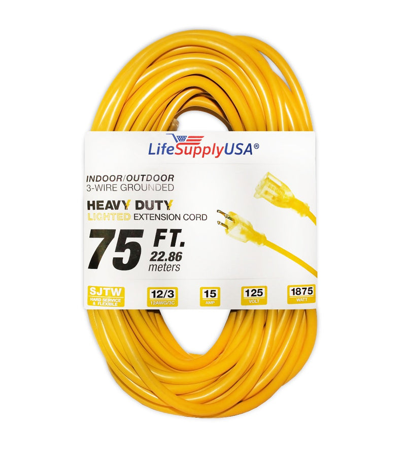 10 Pack - 12/3 75ft SJTW Lighted End Heavy Duty Extension Cord (75 feet)-Extension Cords- LifeSupplyUSA