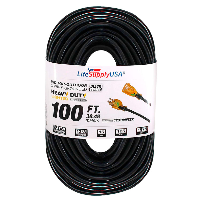 (10-pack) 100 ft Power Extension Cord Outdoor & Indoor Heavy Duty 12 gauge/3 prong SJTW (Black) Lighted end Extra Durability 15 AMP 125 Volts 1875 Watts by LifeSupplyUSA