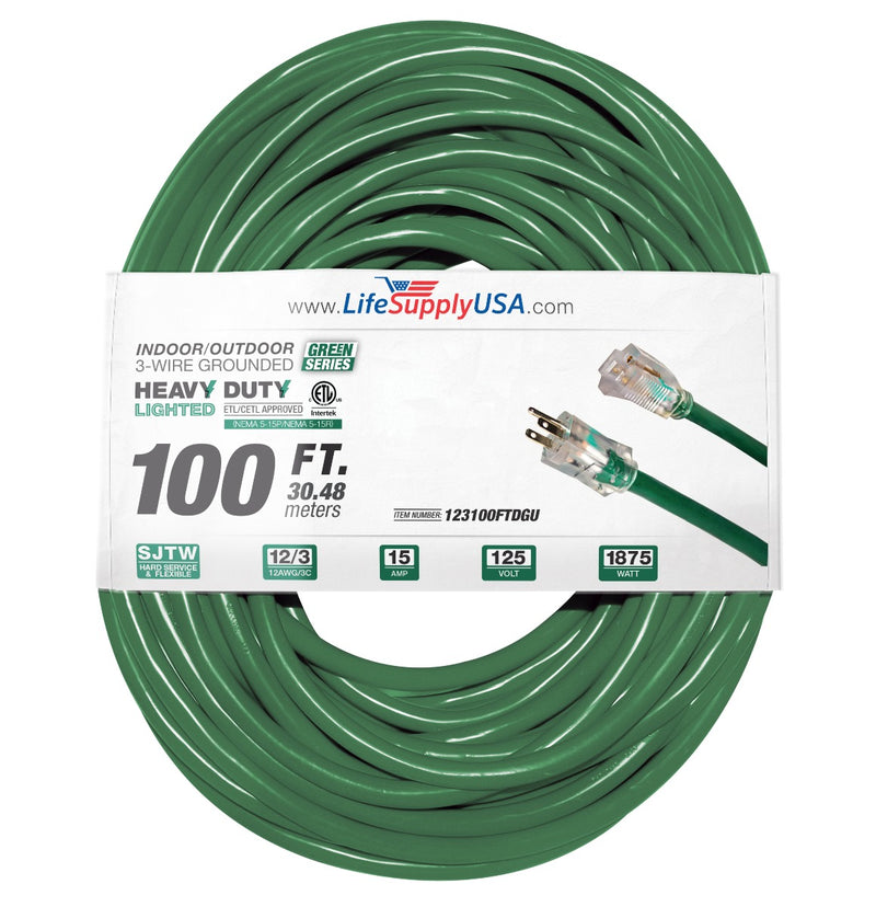 100 ft Extension cord 12/3 SJTW with Lighted end - Green - Indoor / Outdoor Heavy Duty Extra Durability 15AMP 125V 1875W ETL-Extension Cords- LifeSupplyUSA
