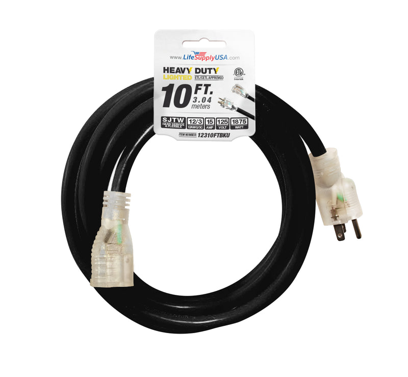 (2-pack) 10 ft Extension cord 12/3 SJTW with Lighted end - Black - Indoor / Outdoor Heavy Duty Extra Durability 15AMP 125V 1875W ETL-Extension Cords- LifeSupplyUSA