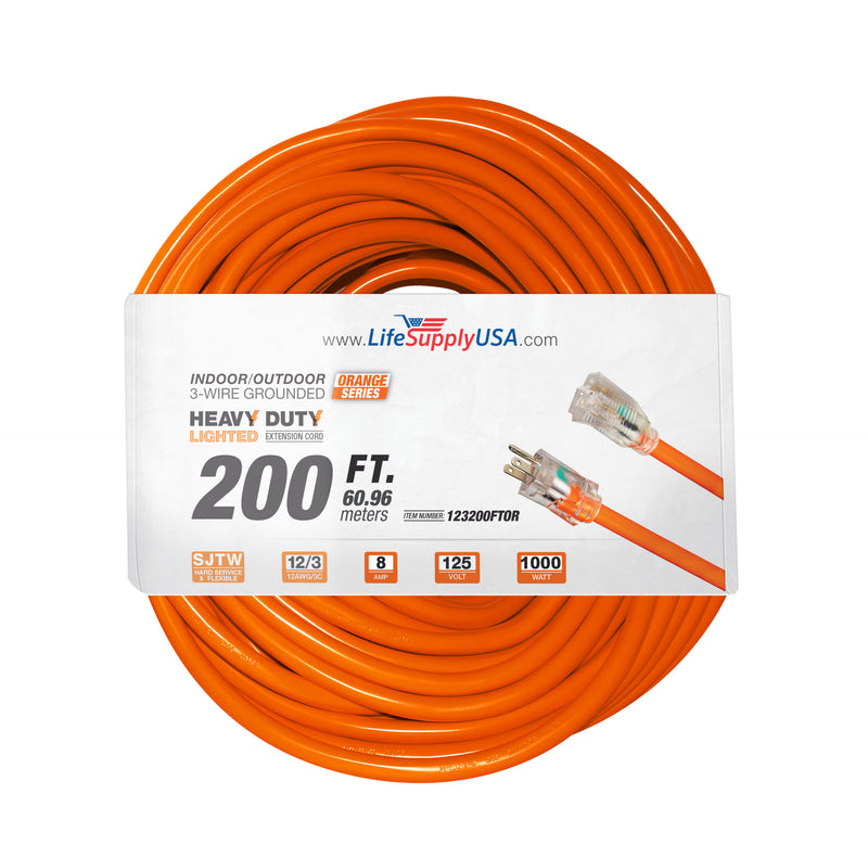 200ft Power Extension Cord Outdoor & Indoor - Waterproof Electric Drop Cord Cable - 3 Prong SJTW, 12 Gauge, 8 AMP, 125 Volts, 1000 Watts, 12/3 by LifeSupplyUSA - Orange (1 Pack)