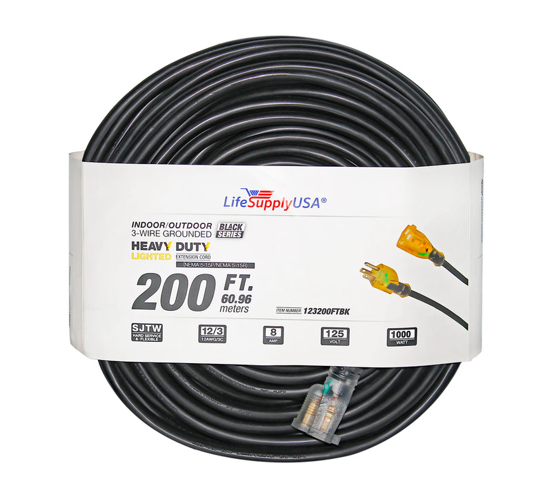 12/3 200 ft. SJTW 8 Amp, 125-Volt 1000-Watt Lighted End Indoor/Outdoor Black Heavy-Duty Extension Cord (2-Pack)