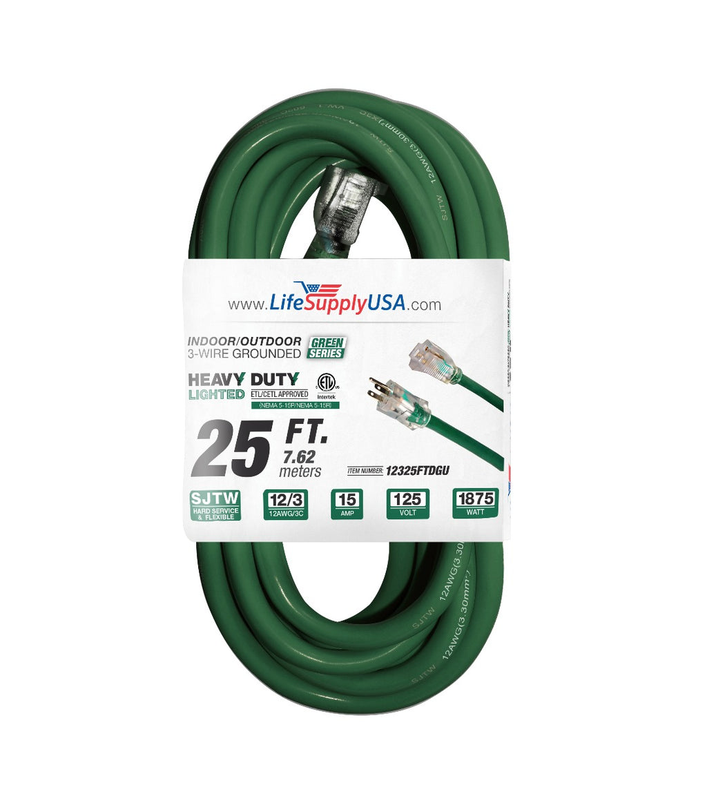 2-pack) 25 ft Extension cord 12/3 with Lighted Indoor/Outdoor Heavy Duty