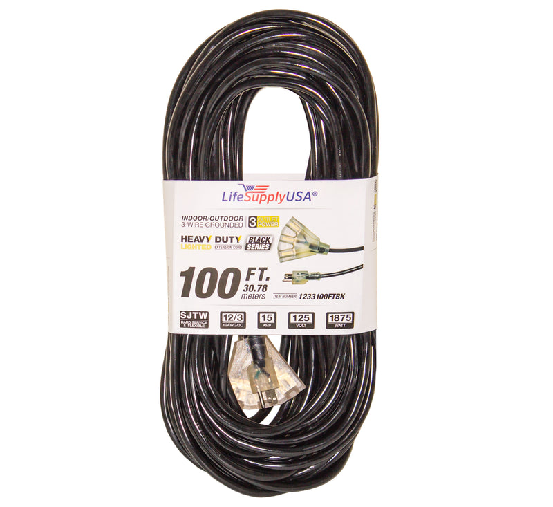20 Pack 12/3 100ft 3-Outlet Lighted End Indoor/Outdoor Black Heavy Duty Tri-Source Extension Cord (100 Feet)-Extension Cords- LifeSupplyUSA