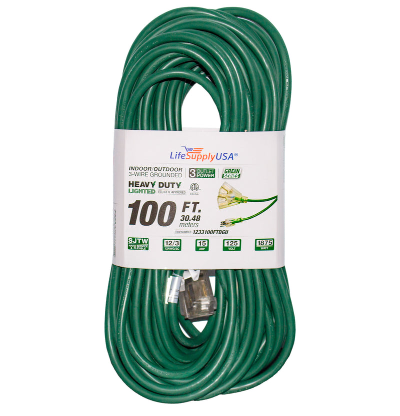 (2-pack) 100 ft Extension cord 12/3 3-Outlet SJTW with Lighted end - Green - Indoor / Outdoor Heavy Duty Extra Durability 15AMP 125V 1875W ETL-Extension Cords- LifeSupplyUSA