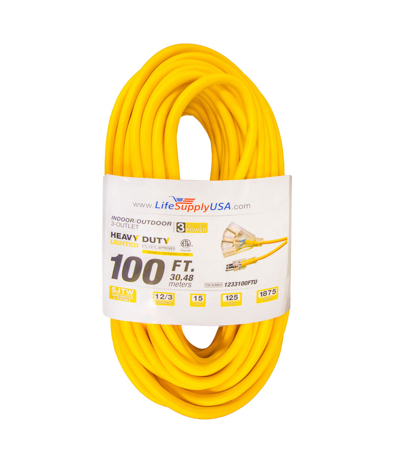 75 Foot Lighted Outdoor Extension Cord - 10/3 SJTW Yellow 10 Gauge