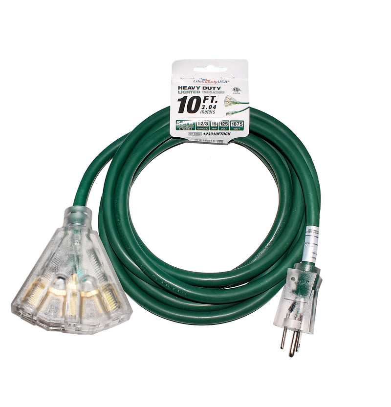 (2-pack) 10 ft Extension cord 12/3 3-Outlet SJTW with Lighted end - Green - Indoor / Outdoor Heavy Duty Extra Durability 15AMP 125V 1875W-Extension Cords- LifeSupplyUSA