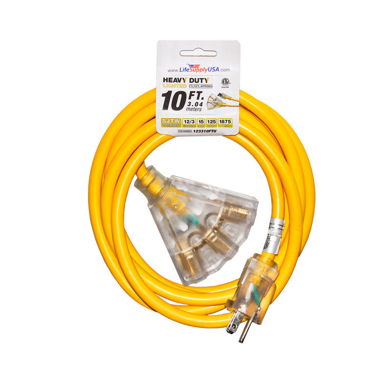 (2-pack) 10 ft Extension cord 12/3 3-Outlet SJTW with Lighted end - Yellow - Indoor / Outdoor Heavy Duty Extra Durability 15AMP 125V 1875W ETL-Extension Cords- LifeSupplyUSA