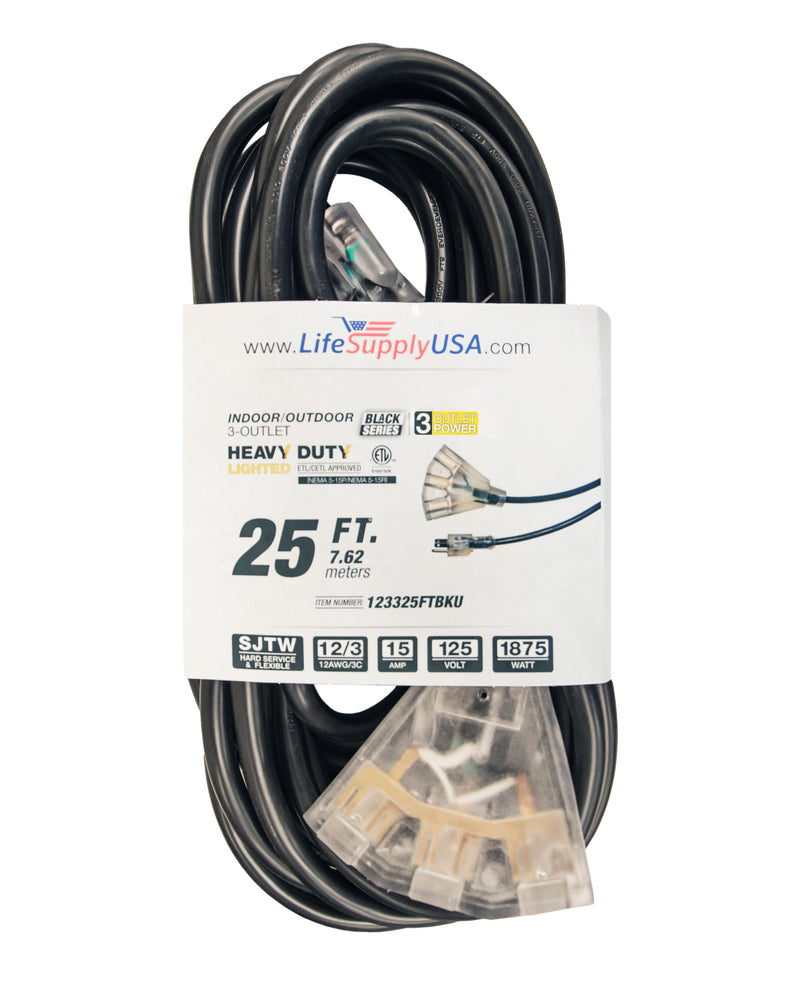LifeSupplyUSA 2 Pack 12/3 3ft SJTW 15 Amp 125 Volt 1875 Watt Lighted End Indoor/Outdoor Black Heavy Duty Extension Cord (3 Feet)