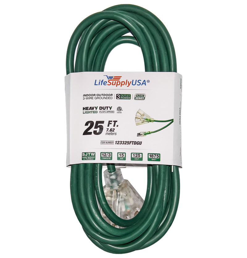 (2-pack) 25 ft Extension cord 12/3 3-Outlet SJTW with Lighted end - Green - Indoor / Outdoor Heavy Duty Extra Durability 15AMP 125V 1875W ETL-Extension Cords- LifeSupplyUSA