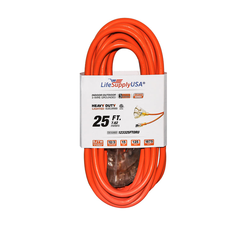25 ft Extension cord 12/3 3-Outlet SJTW with Lighted end - Orange - Indoor / Outdoor Heavy Duty Extra Durability 15AMP 125V 1875W ETL-Extension Cords- LifeSupplyUSA