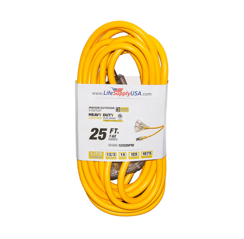 (2-pack) 25 ft Extension cord 12/3 3-Outlet SJTW with Lighted end - Yellow - Indoor / Outdoor Heavy Duty Extra Durability 15AMP 125V 1875W ETL-Extension Cords- LifeSupplyUSA