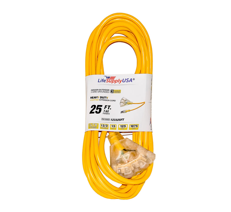 50 case 12/3 25ft Wire Gauge 3 OUTLET Tri-Source SJT Indoor Outdoor Vinyl LIGHTED Electric Extension Cord, 25 Feet-Extension Cords- LifeSupplyUSA