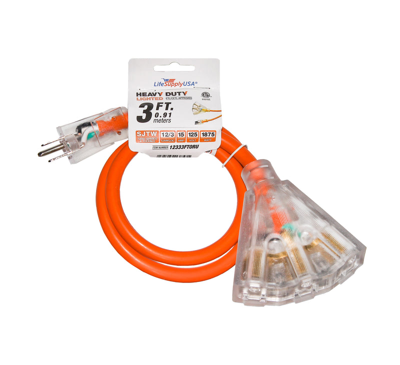 (2-pack) 3 ft Extension cord 12/3 3-Outlet SJTW with Lighted end - Orange - Indoor / Outdoor Heavy Duty Extra Durability 15AMP 125V 1875W ETL-Extension Cords- LifeSupplyUSA