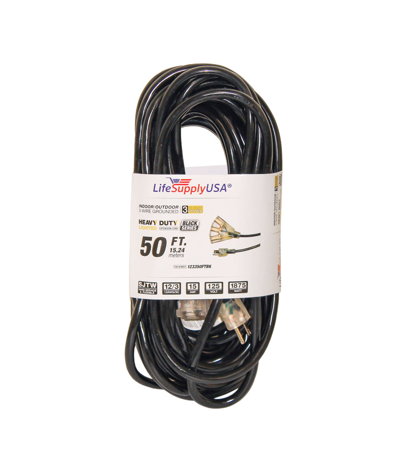 (500-pack) 50 ft Power Extension Cord Outdoor & Indoor Heavy Duty 12 gauge/3 prong SJTW (Black) Lighted end 3-outlet Extra Durability 15 AMP 125 Volts 1875 Watts by LifeSupplyUSA