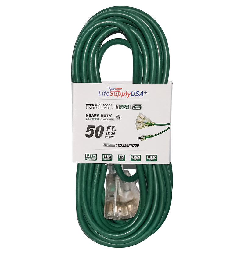 (2-pack) 50 ft Extension cord 12/3 3-Outlet SJTW with Lighted end - Green - Indoor / Outdoor Heavy Duty Extra Durability 15AMP 125V 1875W ETL-Extension Cords- LifeSupplyUSA