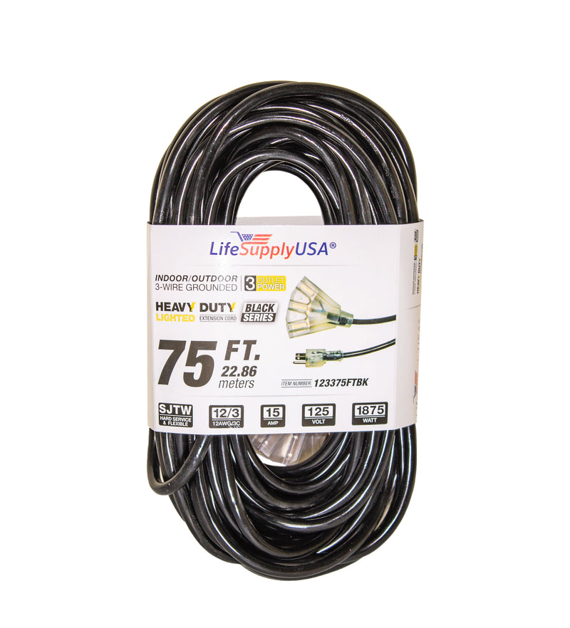 (500-pack) 75 ft Power Extension Cord Outdoor & Indoor Heavy Duty 12 gauge/3 prong SJTW (Black) Lighted end 3-outlet Extra Durability 15 AMP 125 Volts 1875 Watts by LifeSupplyUSA