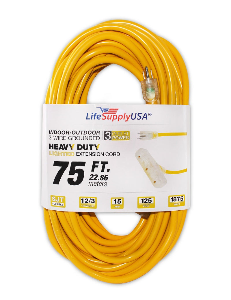 10 Pack 12/3 Wire Gauge Tri-Source SJTIndoor Outdoor Vinyl LIGHTED Electric Extension Cord, 75 Feet-Extension Cords- LifeSupplyUSA
