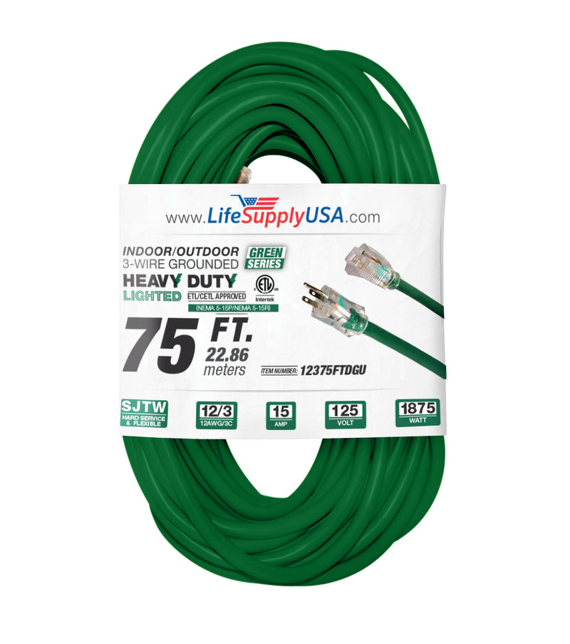 (2-pack) 75 ft Extension cord 12/3 SJTW with Lighted end - Green - Indoor / Outdoor Heavy Duty Extra Durability 15AMP 125V 1875W ETL-Extension Cords- LifeSupplyUSA
