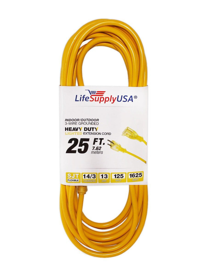 14/3 25ft SJTW Lighted End Extension Cord 15 Amp, 125 Volt, 1875 Watt Outdoor-Extension Cords- LifeSupplyUSA