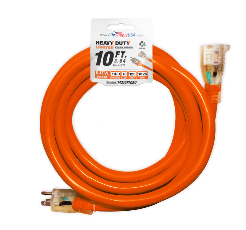 (2-pack) 10 ft Extension cord 14/3 SJTW with Lighted end - Orange - Indoor / Outdoor Heavy Duty Extra Durability 13AMP 125V 1625W ETL-Extension Cords- LifeSupplyUSA