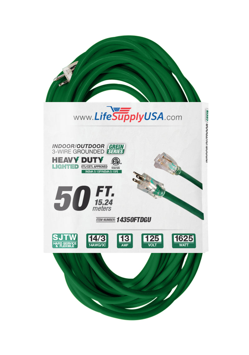 (2-pack) 50 ft Extension cord 14/3 SJTW with Lighted end - Green - Indoor / Outdoor Heavy Duty Extra Durability 13AMP 125V 1625W ETL-Extension Cords- LifeSupplyUSA