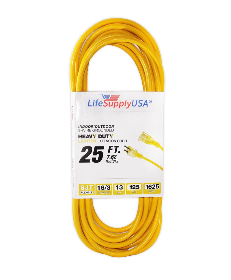 16/3 25ft SJTW Lighted End Extension Cord 13 Amp, 125 Volt, 1625 Watt Outdoor-Extension Cords- LifeSupplyUSA