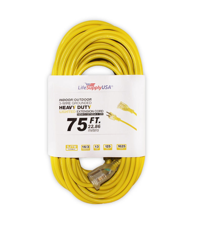 2 Pack - 16/3 75ft SJTW Lighted End Heavy Duty Extension Cord (75 feet)-Extension Cords- LifeSupplyUSA