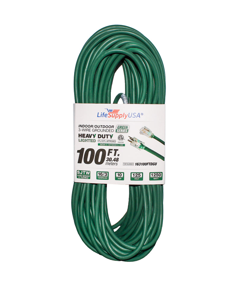 (2-pack) 100 ft Extension cord 16/3 SJTW with Lighted end - Green - Indoor / Outdoor Heavy Duty Extra Durability 10AMP 125V 1250W ETL-Extension Cords- LifeSupplyUSA