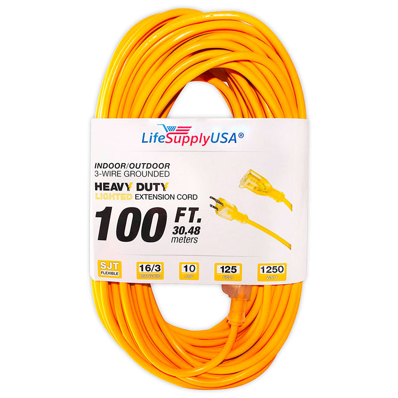 16/3 100ft Lighted End Extension Cord 10 Amp, 125 Volt, 1250 Watt Heavy Duty Outdoor-Extension Cords- LifeSupplyUSA