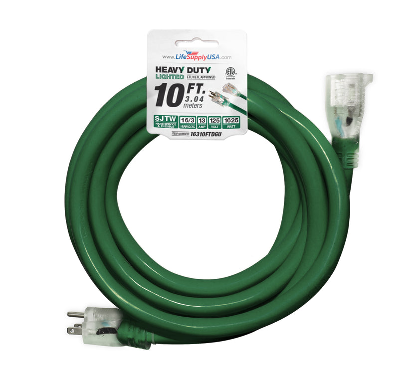 (2-pack) 10 ft Extension cord 16/3 SJTW with Lighted end - Green - Indoor / Outdoor Heavy Duty Extra Durability 13AMP 125V 1625W ETL-Extension Cords- LifeSupplyUSA