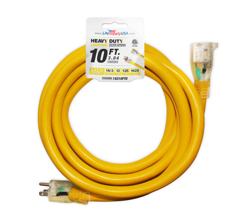 (2-pack) 10 ft Extension cord 16/3 SJTW with Lighted end - Yellow - Indoor / Outdoor Heavy Duty Extra Durability 13AMP 125V 1625W ETL-Extension Cords- LifeSupplyUSA