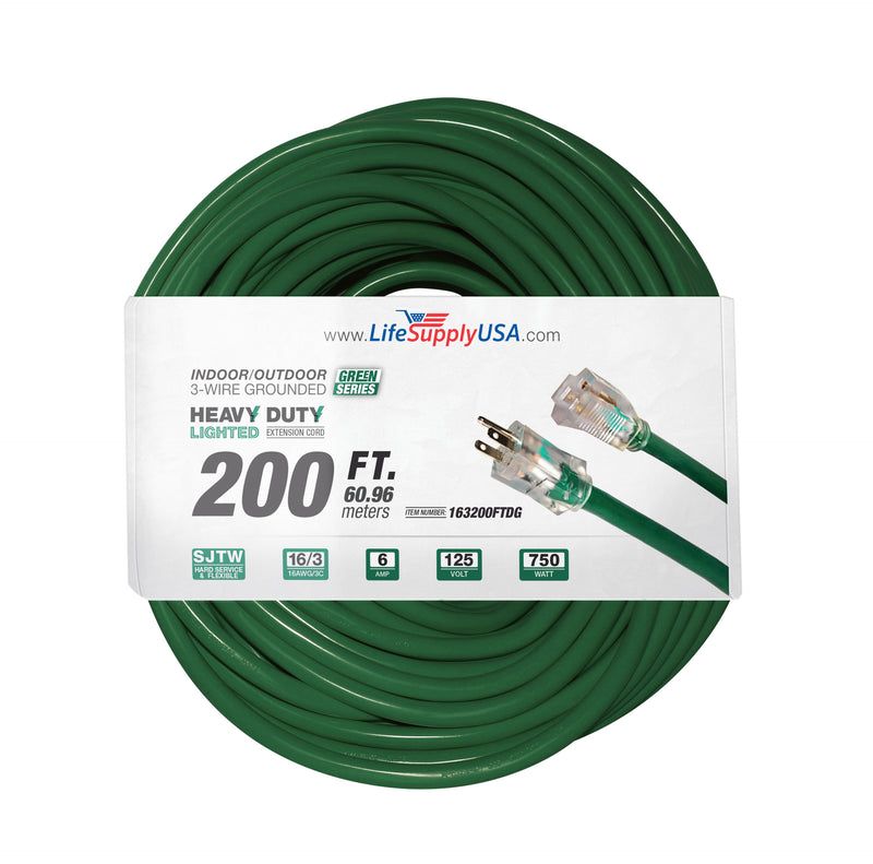 200ft Power Extension Cord Outdoor & Indoor - Waterproof Electric Drop Cord Cable - 3 Prong SJTW, 16 Gauge, 6 AMP, 125 Volts, 750 Watts, 16/3 by LifeSupplyUSA - Green (1 Pack)