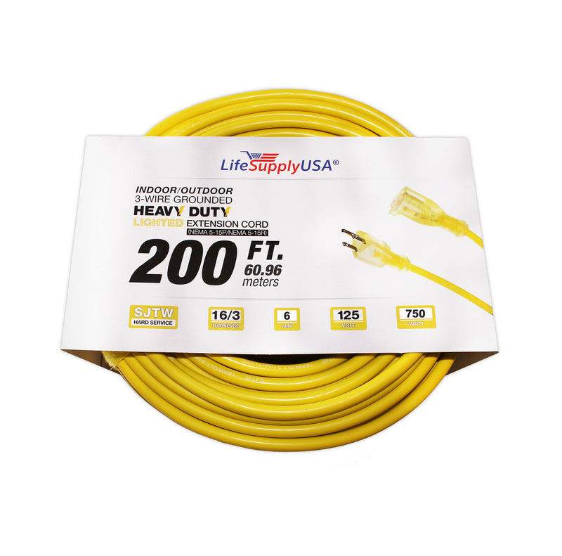 (500-pack) 200 ft Power Extension Cord Outdoor & Indoor Heavy Duty 16 gauge/3 prong SJTW (Yellow) Lighted end Extra Durability 6 AMP 125 Volts 750 Watts by LifeSupplyUSA
