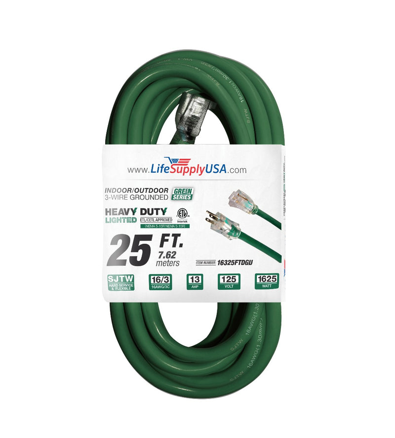 (2-pack) 25 ft Extension cord 16/3 SJTW with Lighted end - Green - Indoor / Outdoor Heavy Duty Extra Durability 13AMP 125V 1625W ETL-Extension Cords- LifeSupplyUSA