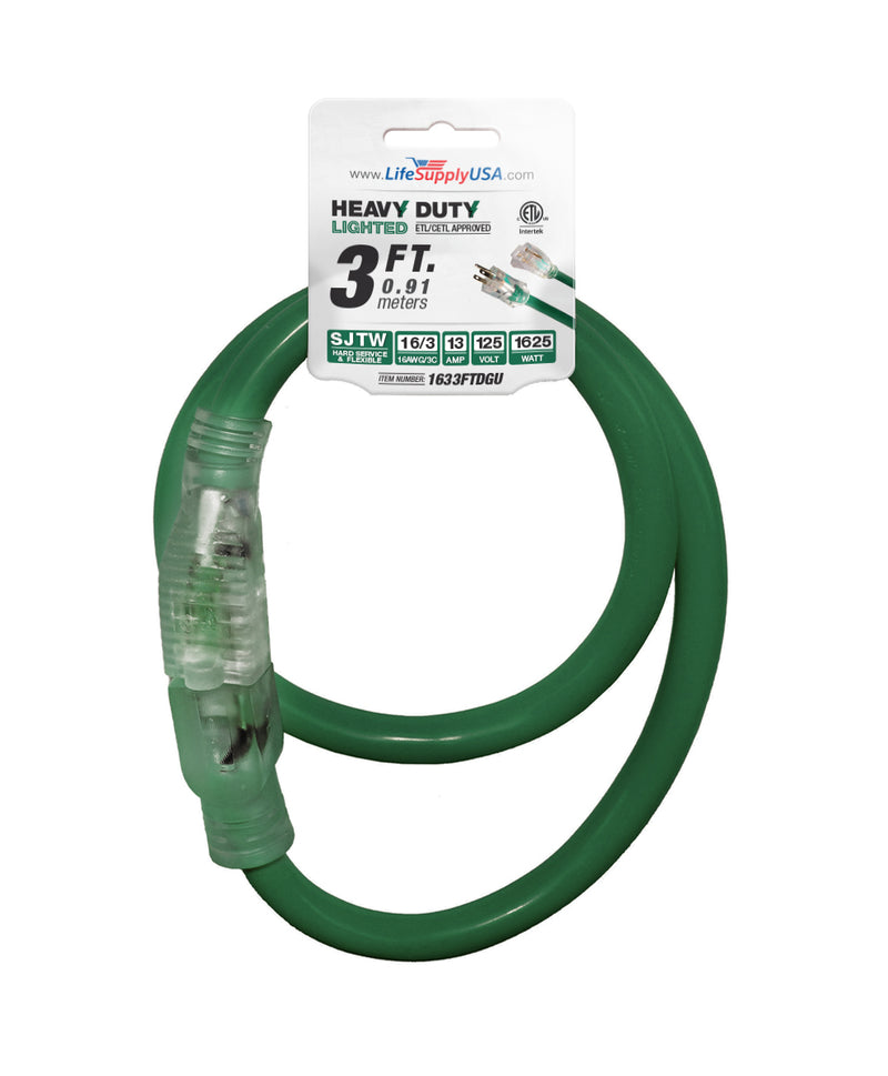 (2-pack) 3 ft Extension cord 16/3 SJTW with Lighted end - Green - Indoor / Outdoor Heavy Duty Extra Durability 13AMP 125V 1625W ETL-Extension Cords- LifeSupplyUSA