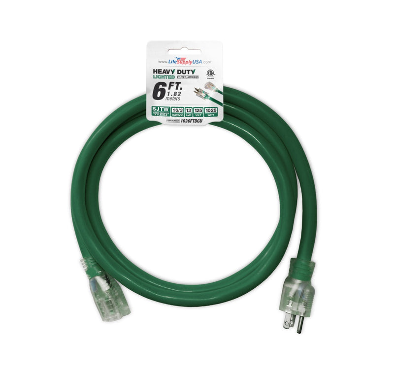 (2-pack) 6 ft Extension cord 16/3 SJTW with Lighted end - Green - Indoor / Outdoor Heavy Duty Extra Durability 13AMP 125V 1625W ETL-Extension Cords- LifeSupplyUSA