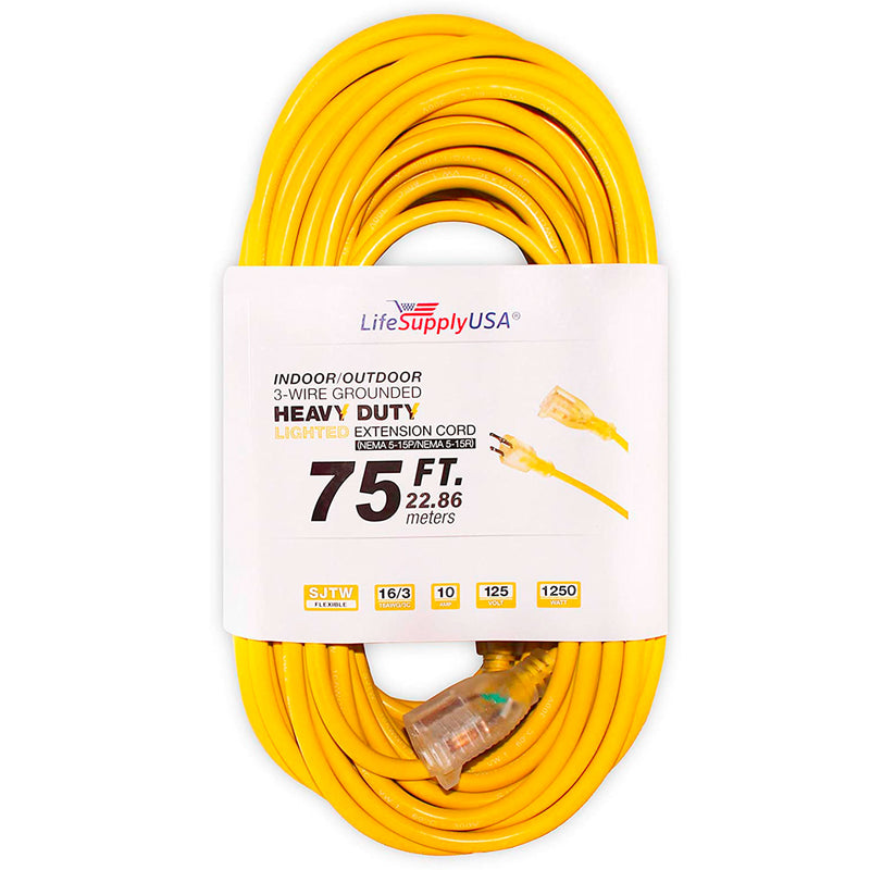 16/3 75ft Lighted End Extension Cord 10 Amp, 125 Volt, 1250 Watt Heavy Duty Outdoor-Extension Cords- LifeSupplyUSA