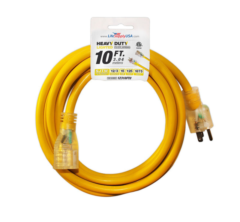 (2-pack) 10 ft Extension cord 12/3 SJTW with Lighted end - Yellow - Indoor / Outdoor Heavy Duty Extra Durability 15AMP 125V 1875W ETL-Extension Cords- LifeSupplyUSA